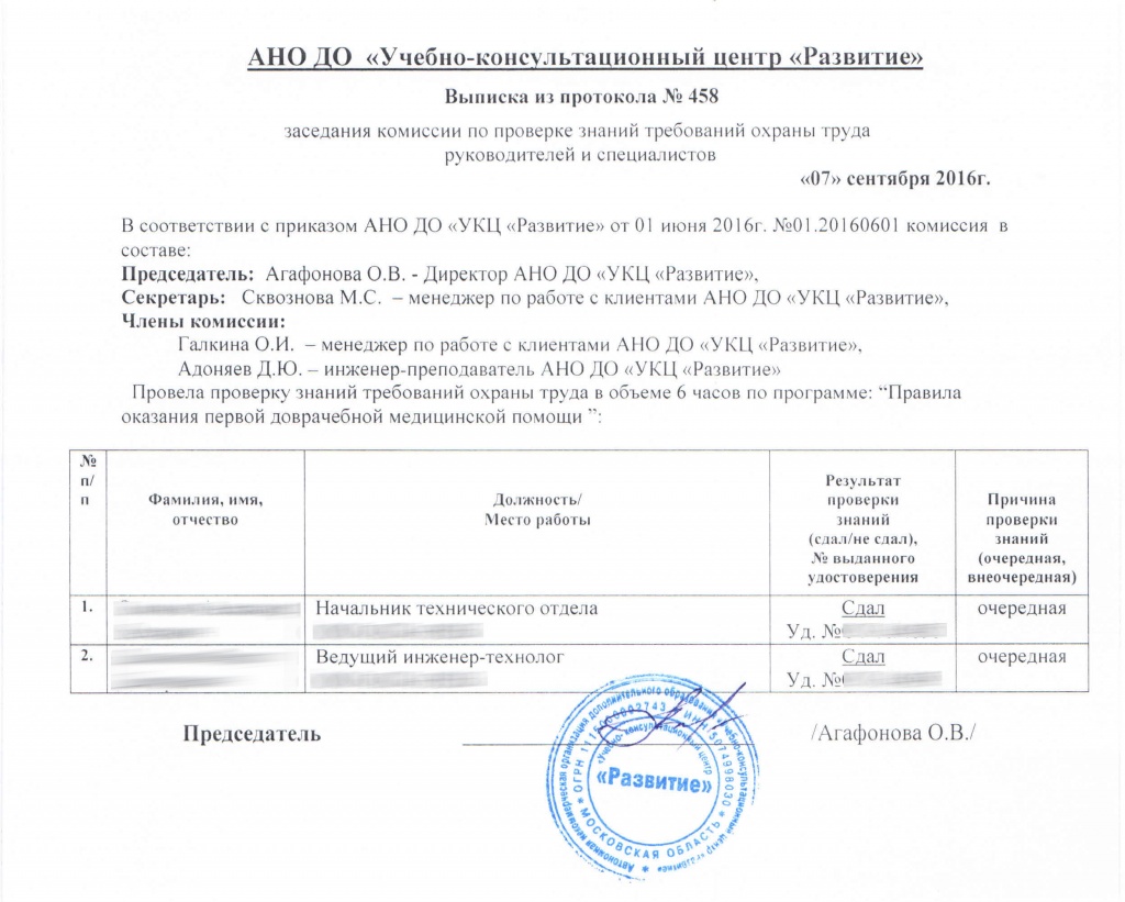 Акт о прохождении обучения образец